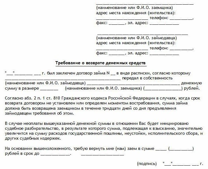 Образец требования к должнику о возврате долга по бессрочной расписке