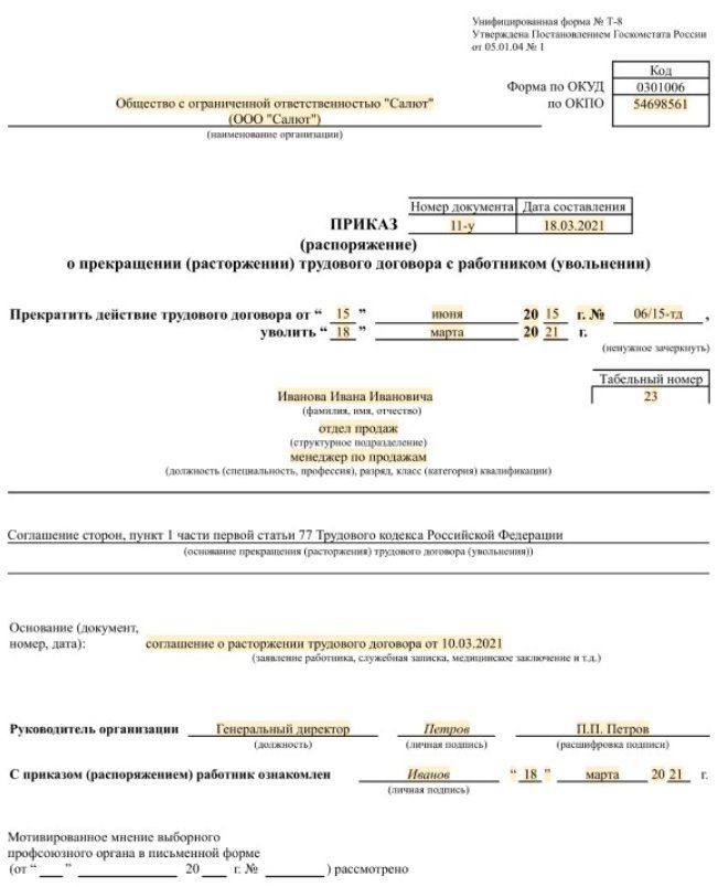 Так выглядит приказ об увольнении работника по соглашению сторон