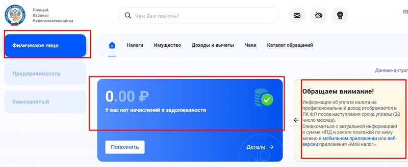 Блок с суммой задолженности самозанятого