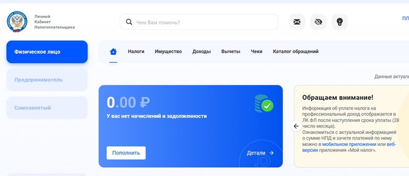 Информация о задолженности в личном кабинете на сайте налоговой