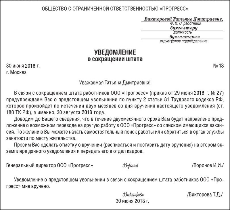 Уведомление о сокращении штата