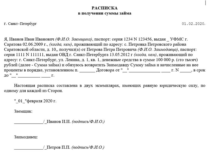 Образец расписки
