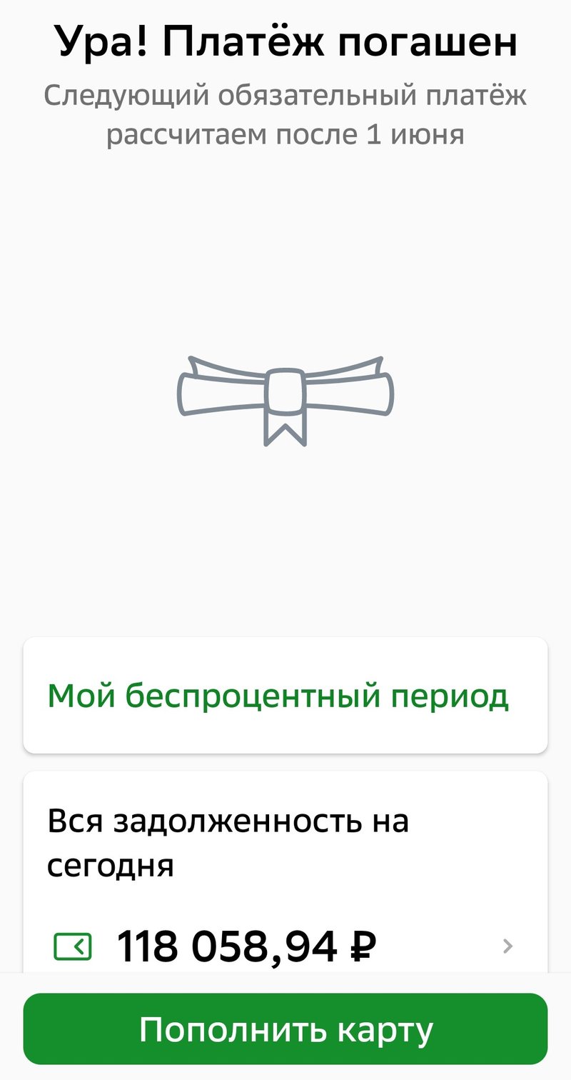 Сбербанк информирует вас о том, что минимальный платеж погашен