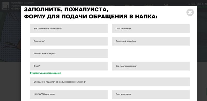 Как выглядит форма жалобы на сайте СРО «НАПКА»