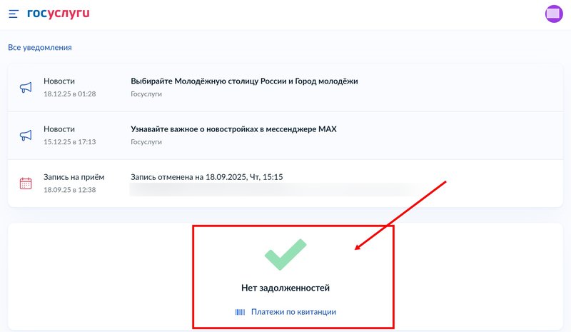 Сведения о задолженностях в личном кабинете на Госуслугах