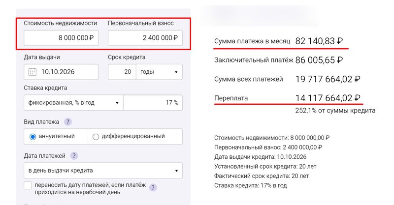 Тот же расчет, но с первоначальным взносом 30%.